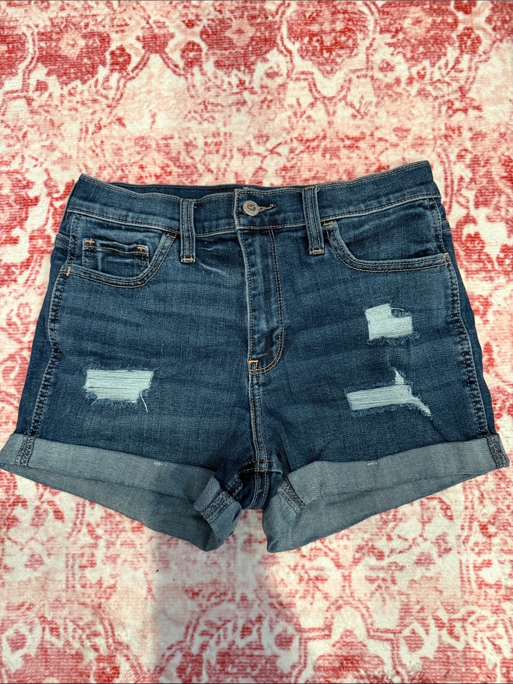 Hollister Dark Blue Distressed Roll-Cuff Denim Shorts